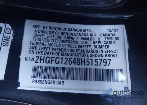 2008 Honda Civic Lx from USA, damaged, VIN 2HGFG12648H515797